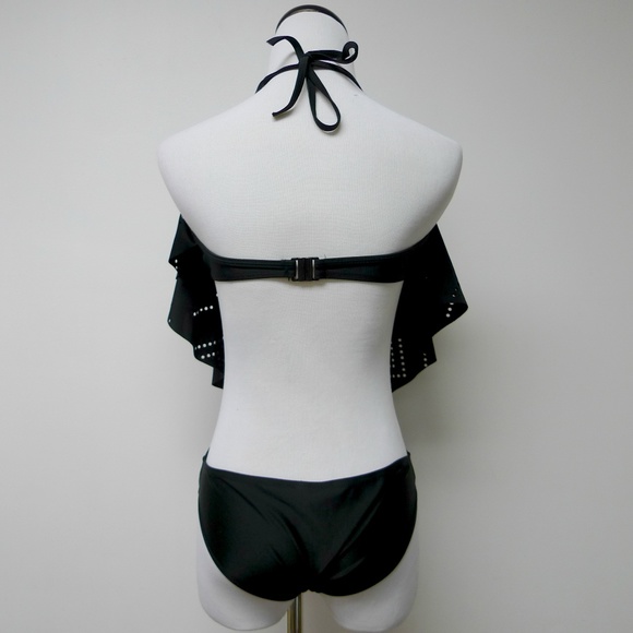 ruffle trim ruched V-neck black monokini . M - Picture 4 of 5